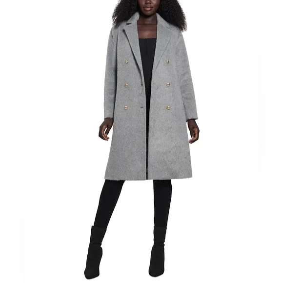 GUESS NWT Textured Wool Blend Double Breasted Coat Light Stone Heather Size S - Picture 1 of 16